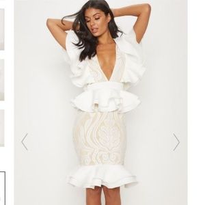 WHITE RUFFLE DETAIL PLUNGE MIDI DRESS